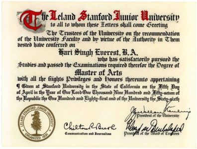 Hari Singh Everest Stanford University Master's Degree Diploma, Palo Alto, CA, 1957.  Courtesy of the Everest Family.