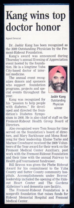 "Kang Wins Top Doctor Honor," Appeal Democrat, Yuba City, October 23, 2009.