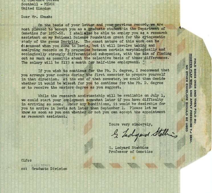 UC Davis Graduate School Acceptance Letter from Professor Ledyard Stebbins