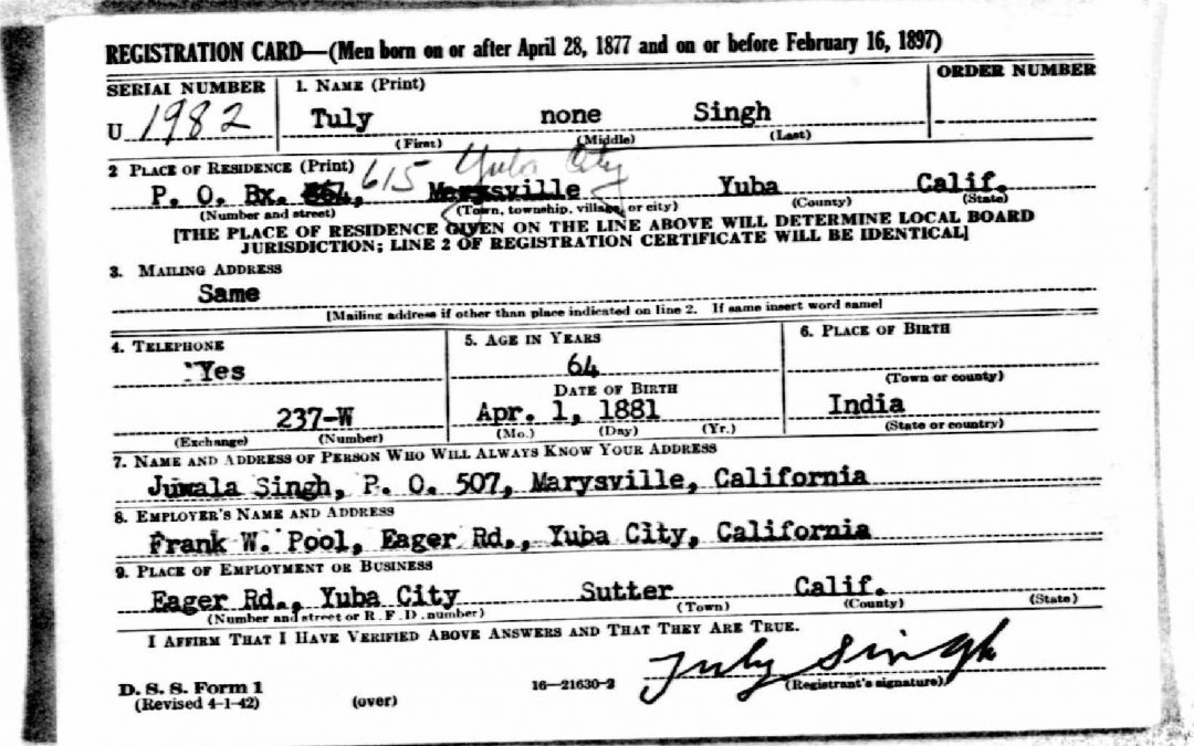 1941 45 Tuly Singh Draft Card